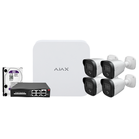 AJAX NVRKIT108B-4 Kit di videosorveglianza Ajax 8 CH. 4 telecamere bullet da 4 Mpx HD 1TB  POE 4CH